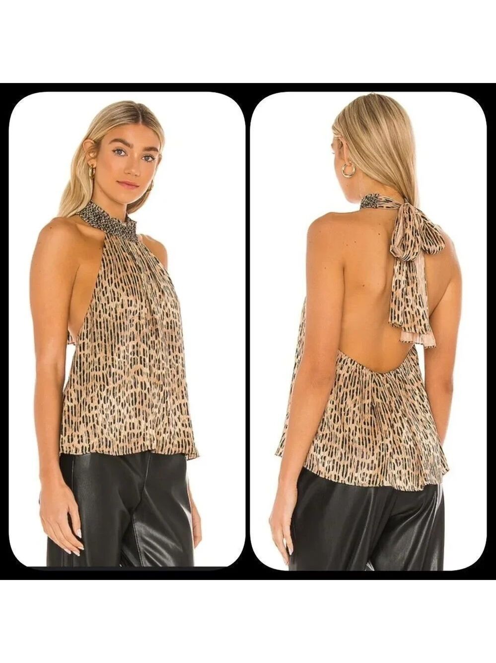 ALICE + OLIVIA ALMIRA SMOCKED HIGH NECK SLEEVELESS BLOUSE IN SPOTTED LEOPARD